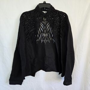 Jennifer Eden Black Embroidered Linen Long Sleeve High Neck Open Front Jacket 12